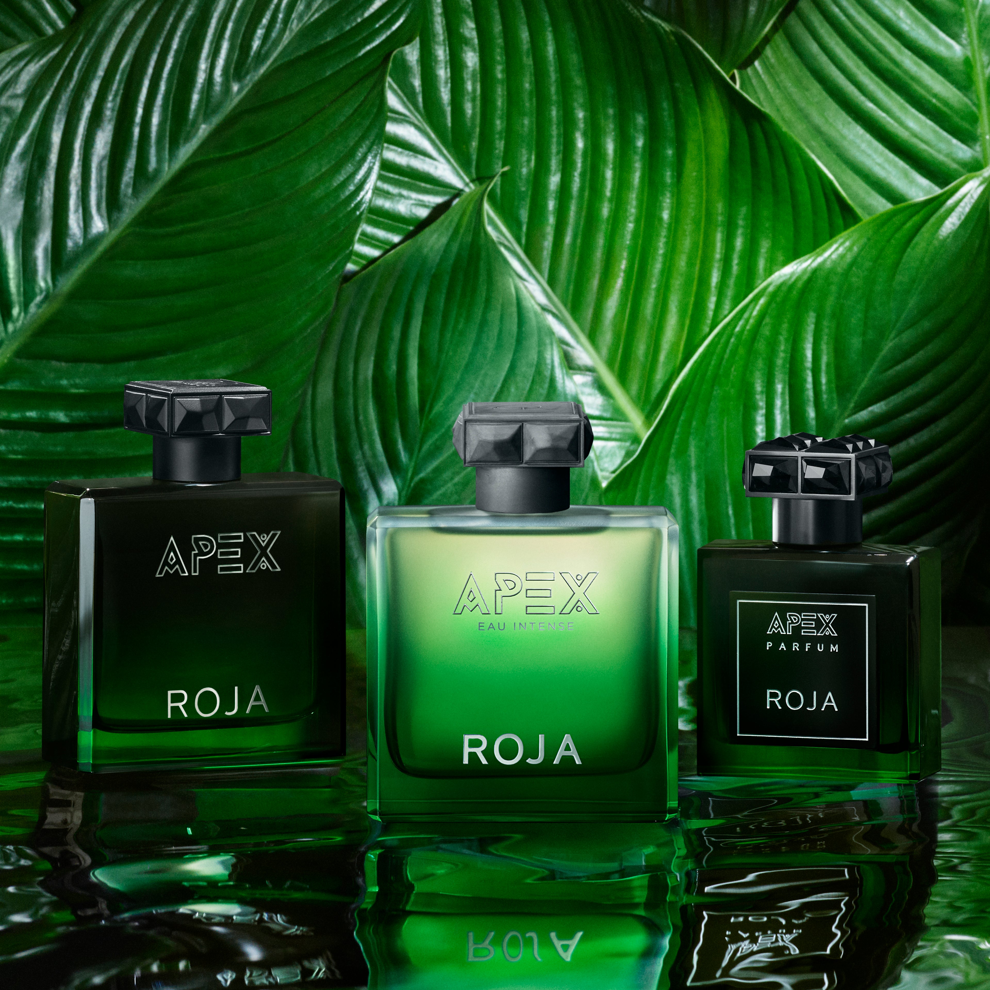 Three green bottles of Roja Apex perfume are displayed in front of lush green tropical leaves, with their reflections visible on a glossy surface below.