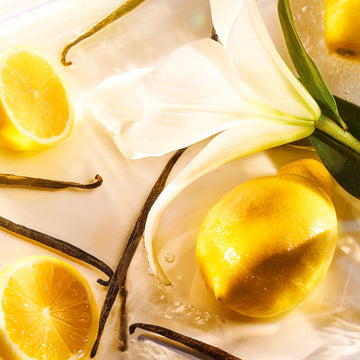 In Mayfairs inviting warmth, a vibrant display of lemons, lemon slices, vanilla beans, and a white lily brightens a light surface. Sunlight enhances the vivid yellows and soft lily petals, reminiscent of the elegance surrounding Roja Parfums 51 Pour Femme at Burlington Arcade.
