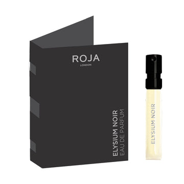 A sample vial of Roja Parfums Elysium Noir (100% off) Eau de Parfum sits beside its black, folded card packaging—both labeled in white text—ideal for a BOGO Bundle or as a free gift on BOGOS.io.