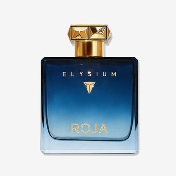 A blue gradient glass bottle of Elysium Pour Homme by Roja Parfums, a luxury mens fragrance, features a gold cap and gold lettering on the front, displayed against a white background.