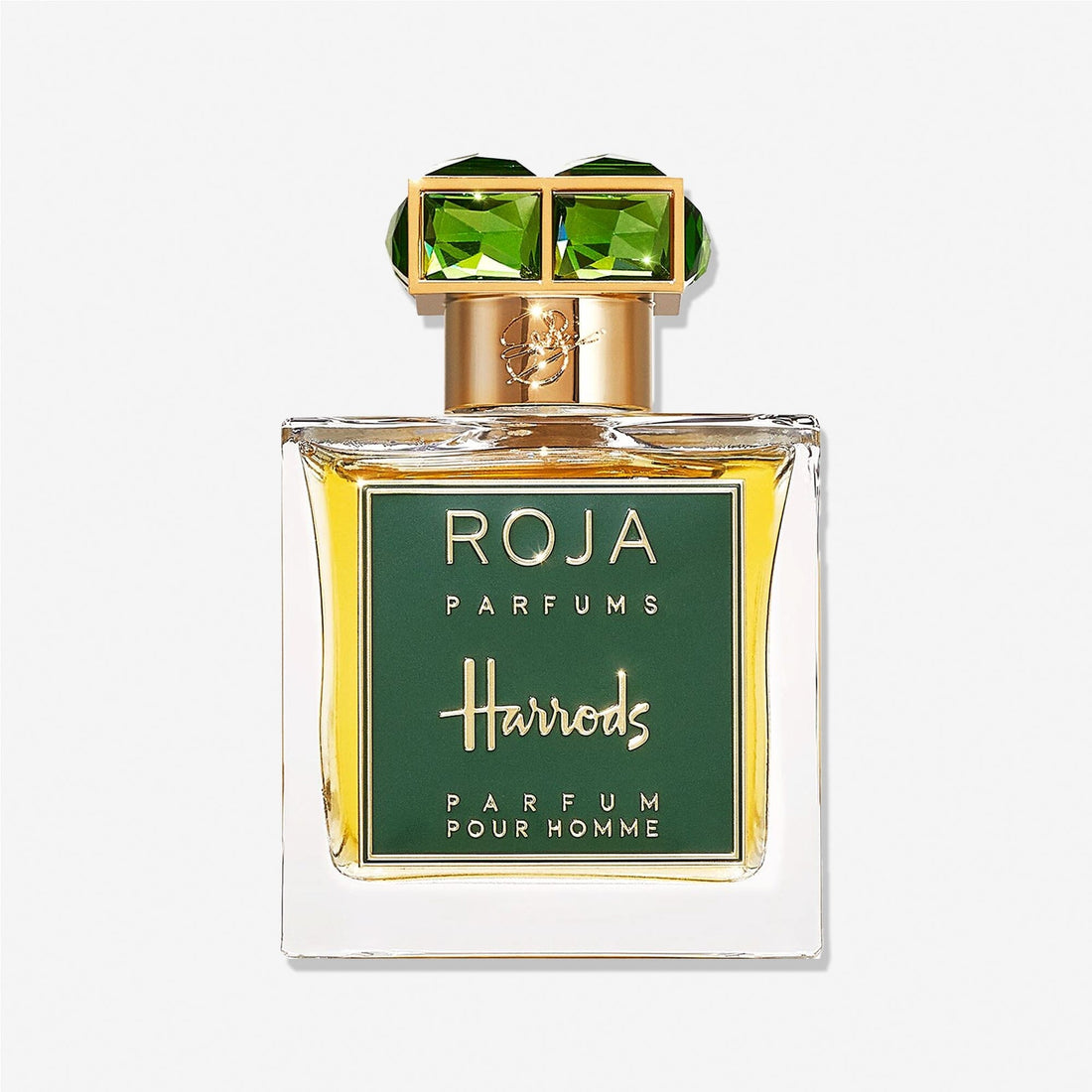 Roja Parfums Harrods Pour Homme is a clear glass bottle with a gold and green cap, green label, and gold lettering—an elegant Masculine Fougère scent for the refined Harrods man.