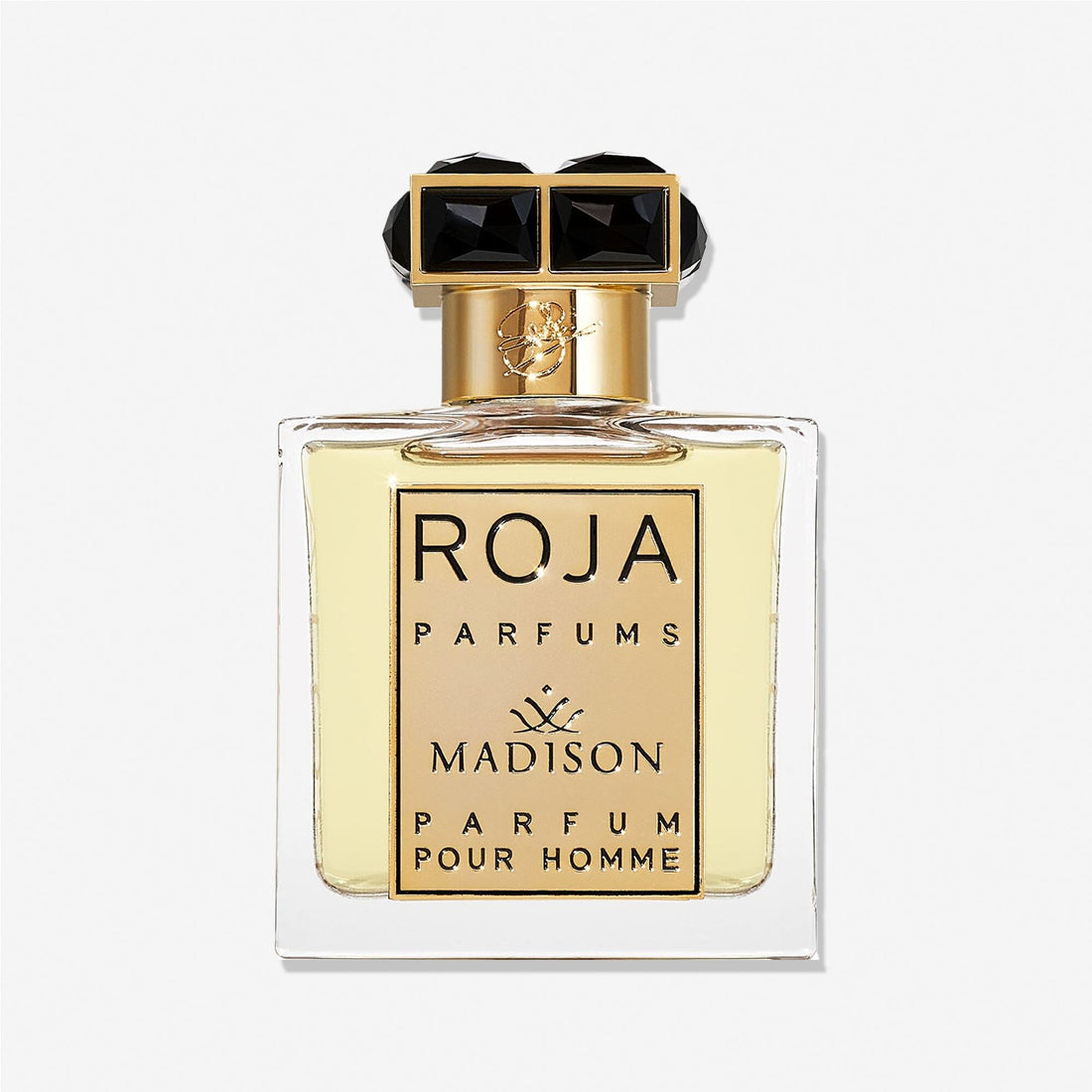 Madison Pour Homme by Roja Parfums features a gold cap with black gem-like accents and a gold label with black text, reflecting a refined masculine scent.