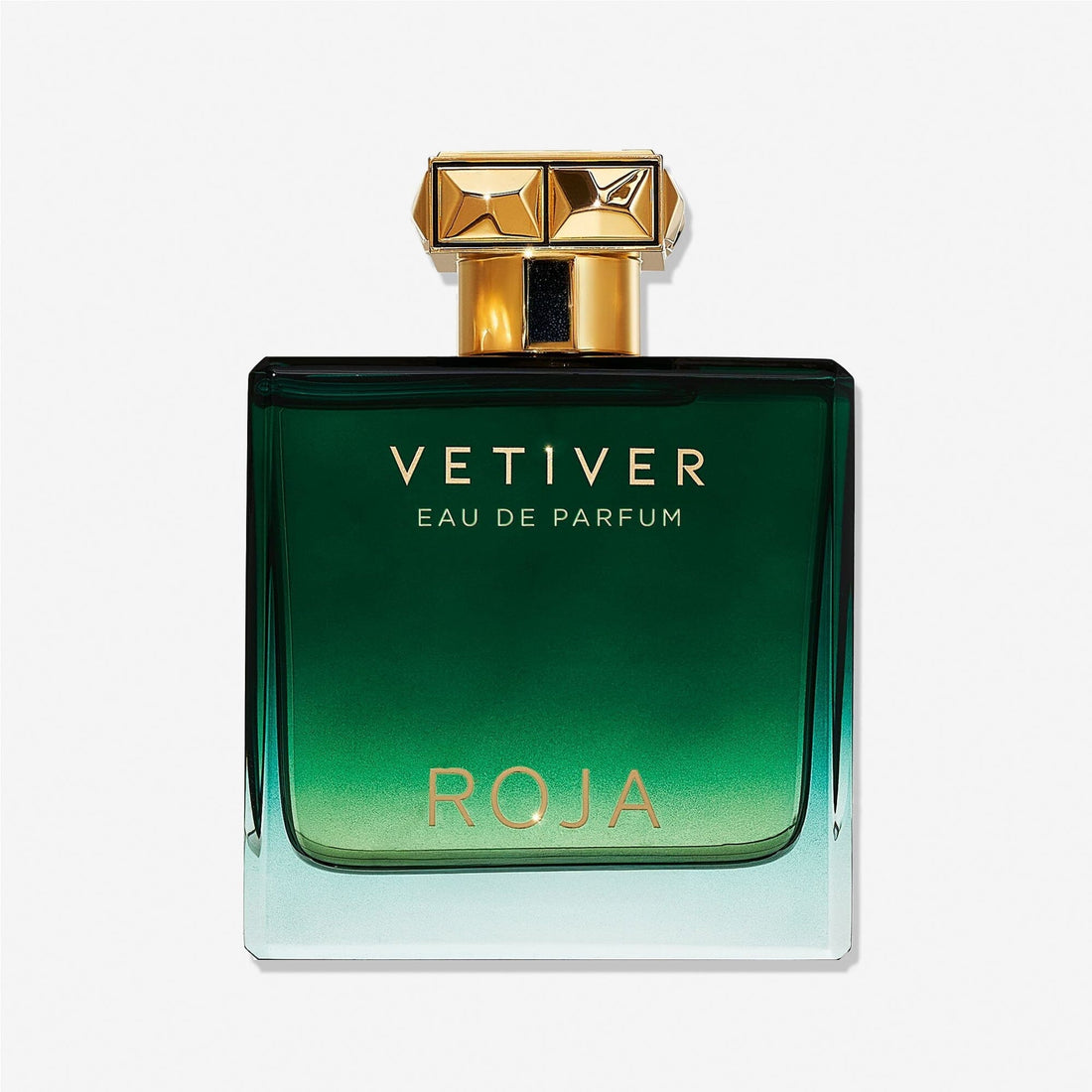 A green gradient glass bottle of Roja Parfums Vetiver Pour Homme Parfum-Cologne with a gold cap and gold lettering showcases its refined vetiver and citrus notes, complemented by a star-shaped design on top.