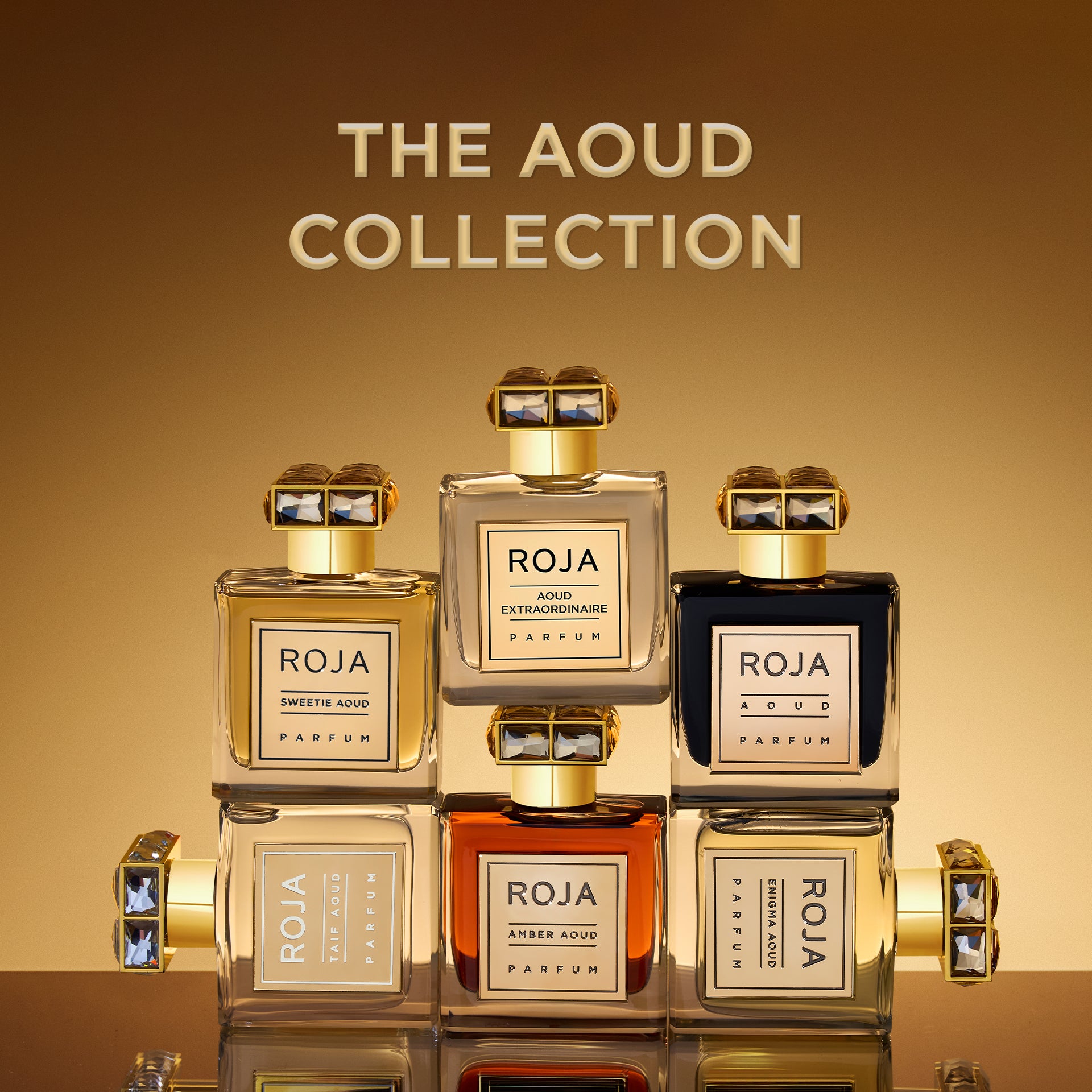 Five elegant perfume bottles from The Aoud Collection by Roja are arranged in a pyramid shape on a gold background, with THE AOUD COLLECTION written above them in bold, capital letters.