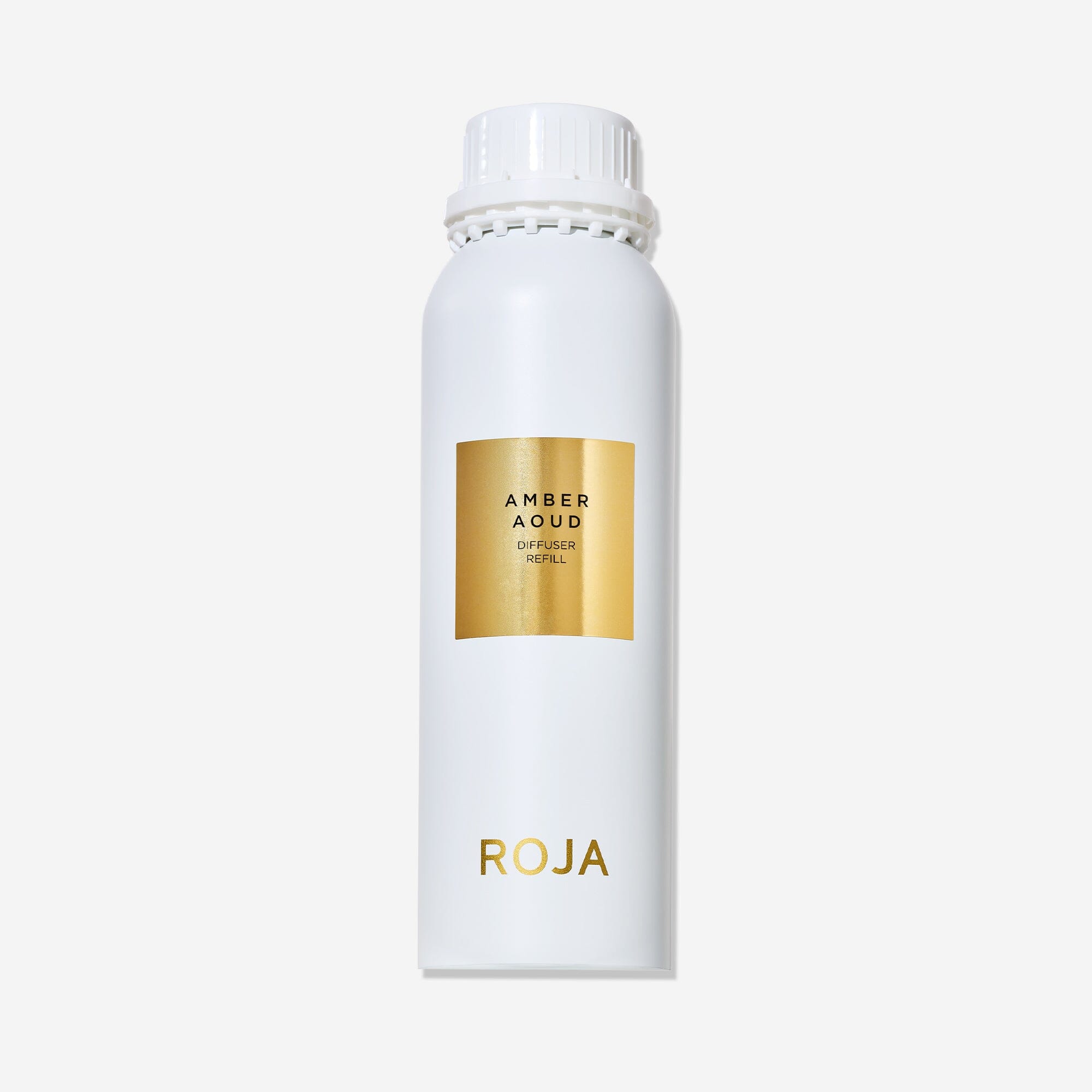 A white bottle with a gold label reading "Amber Aoud Diffuser Refill" and "Roja Parfums" at the base, topped with a white screw cap—ideal for pairing with your Amber Aoud candle or enjoying its rich, spicy aroma on its own.