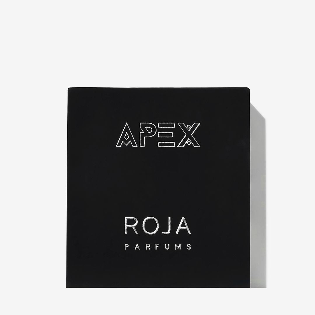 A black square box for Apex Pour Homme by Roja Parfums, featuring APEX at the top and ROJA PARFUMS in white lettering on the center, set against a plain white background—ideal for fans of fresh fruity Chypré fragrances.