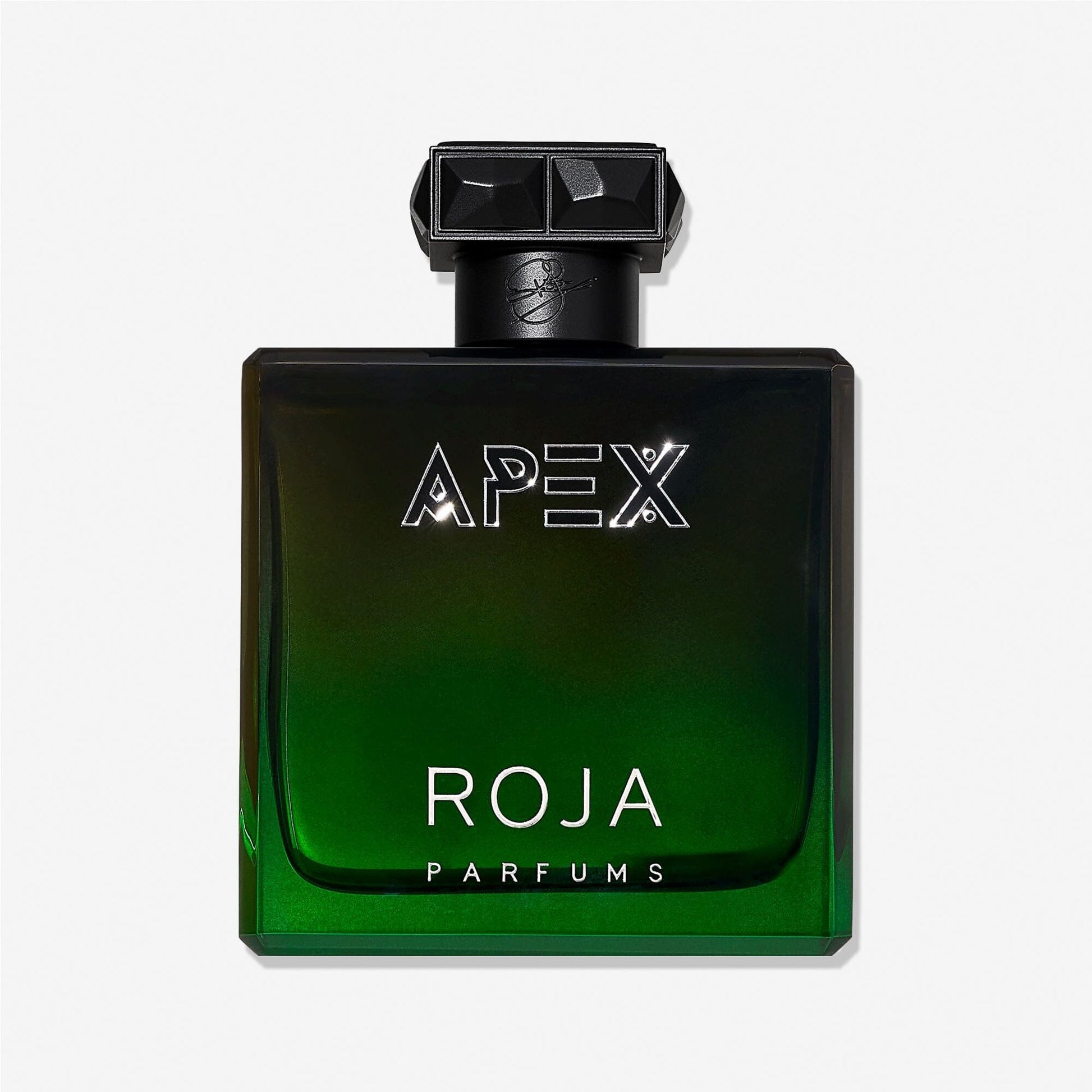 A square green and black glass bottle of Apex Pour Homme by Roja Parfums, labeled in white text with a black geometric cap, is shown against a white background, reflecting the refined character of this chypré fragrance.