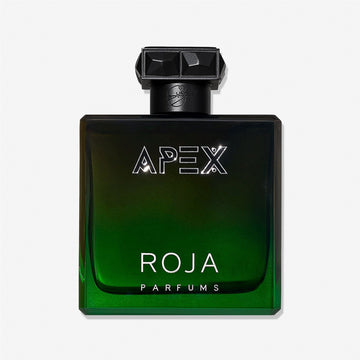 A square green and black glass bottle of Apex Pour Homme by Roja Parfums, labeled in white text with a black geometric cap, is shown against a white background, reflecting the refined character of this chypré fragrance.