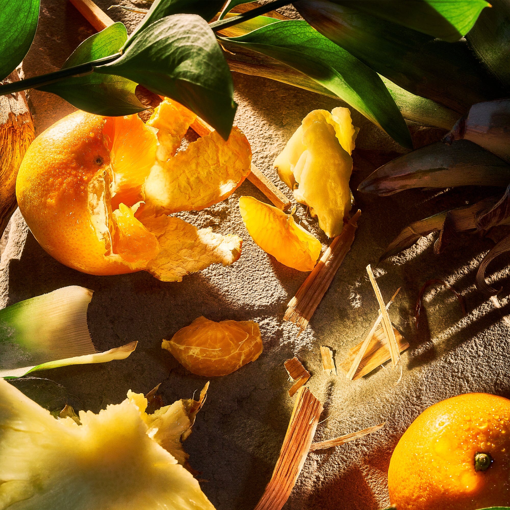 A close-up of peeled and whole oranges alongside pineapple pieces on a textured surface, partially covered by green leaves, casts dramatic shadows. This vibrant citrus blast adds freshness to the composition of Apex Pour Homme by Roja Parfums.
