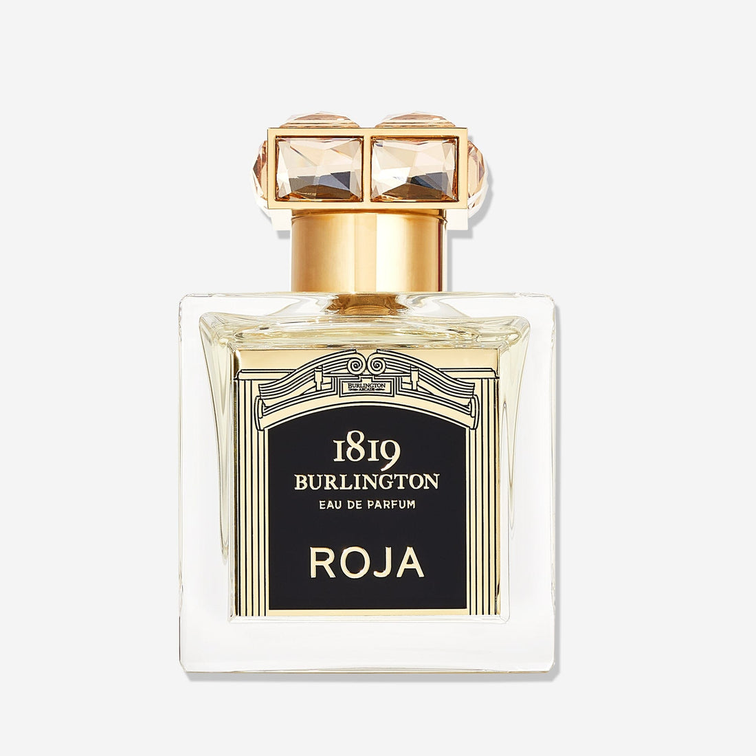 A clear glass bottle labeled "Burlington 1819" by Roja Parfums, inspired by Burlington Arcade, features a faceted stopper and gold-black label—a true icon among luxury fragrances from Roja Parfums.