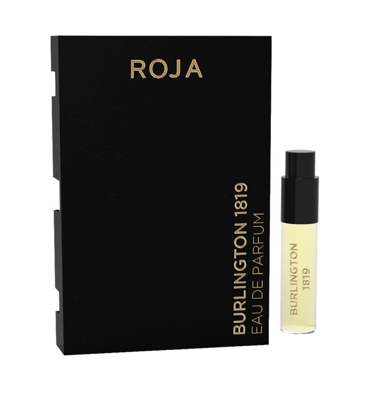 A small vial of Roja Parfums Burlington 1819 Sample (Gift) stands beside a black box with gold text reading ROJA and BURLINGTON 1819 EAU DE PARFUM.