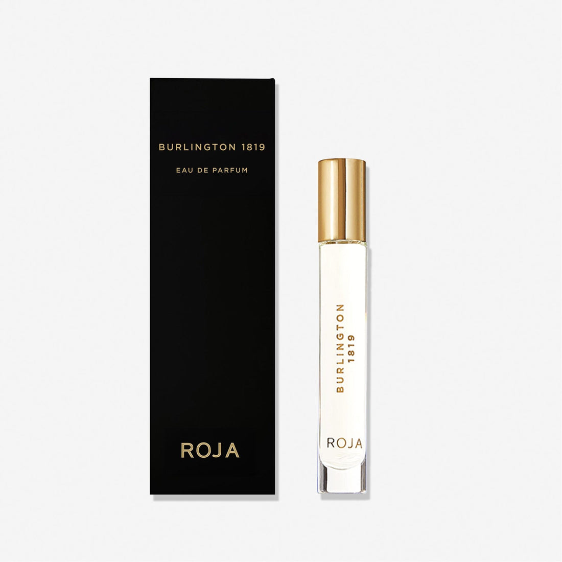 A clear glass Burlington 1819 bottle with a gold cap by Roja Parfums stands beside a tall black box labeled BURLINGTON 1819 EAU DE PARFUM and ROJA, capturing the refined style of Burlington Arcade, all set against a white background.