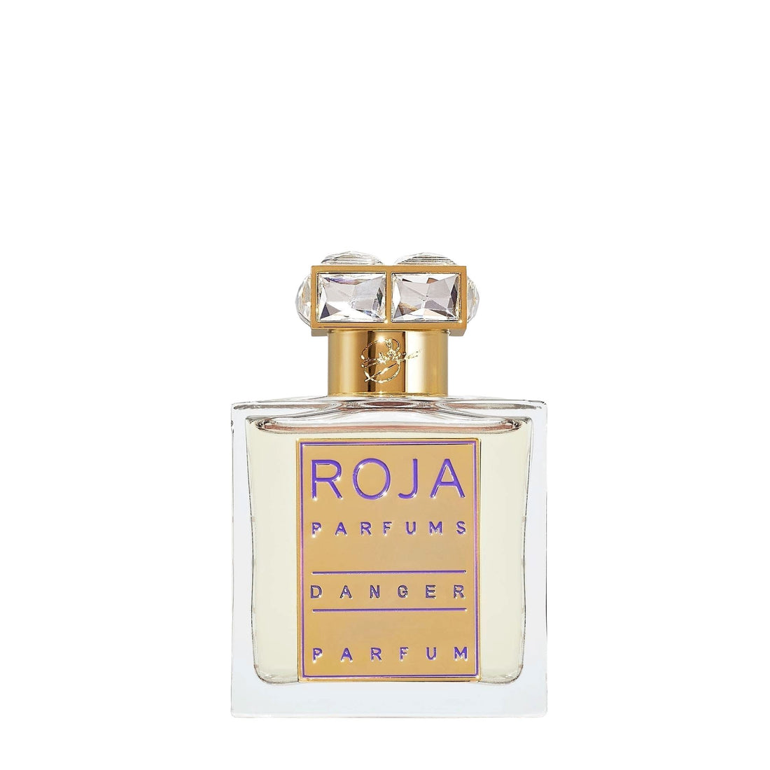 A glass Danger Pour Femme Parfum bottle with a rectangular label featuring purple Rose de Mai text and a metallic gradient, topped with a gold cap set with two rectangular crystals.