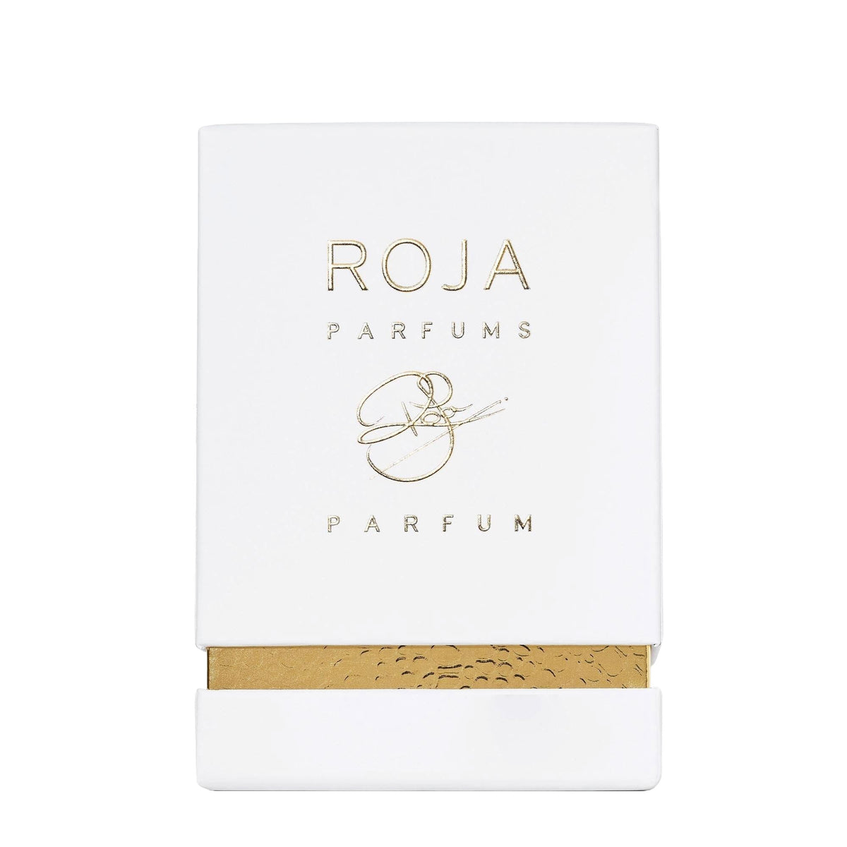 A white and gold perfume box with ROJA PARFUMS and a gold signature on the front embodies the allure of Danger Pour Femme Parfum. The bottom features a textured gold accent, evoking the luxurious notes of this iconic Roja Parfums fragrance.