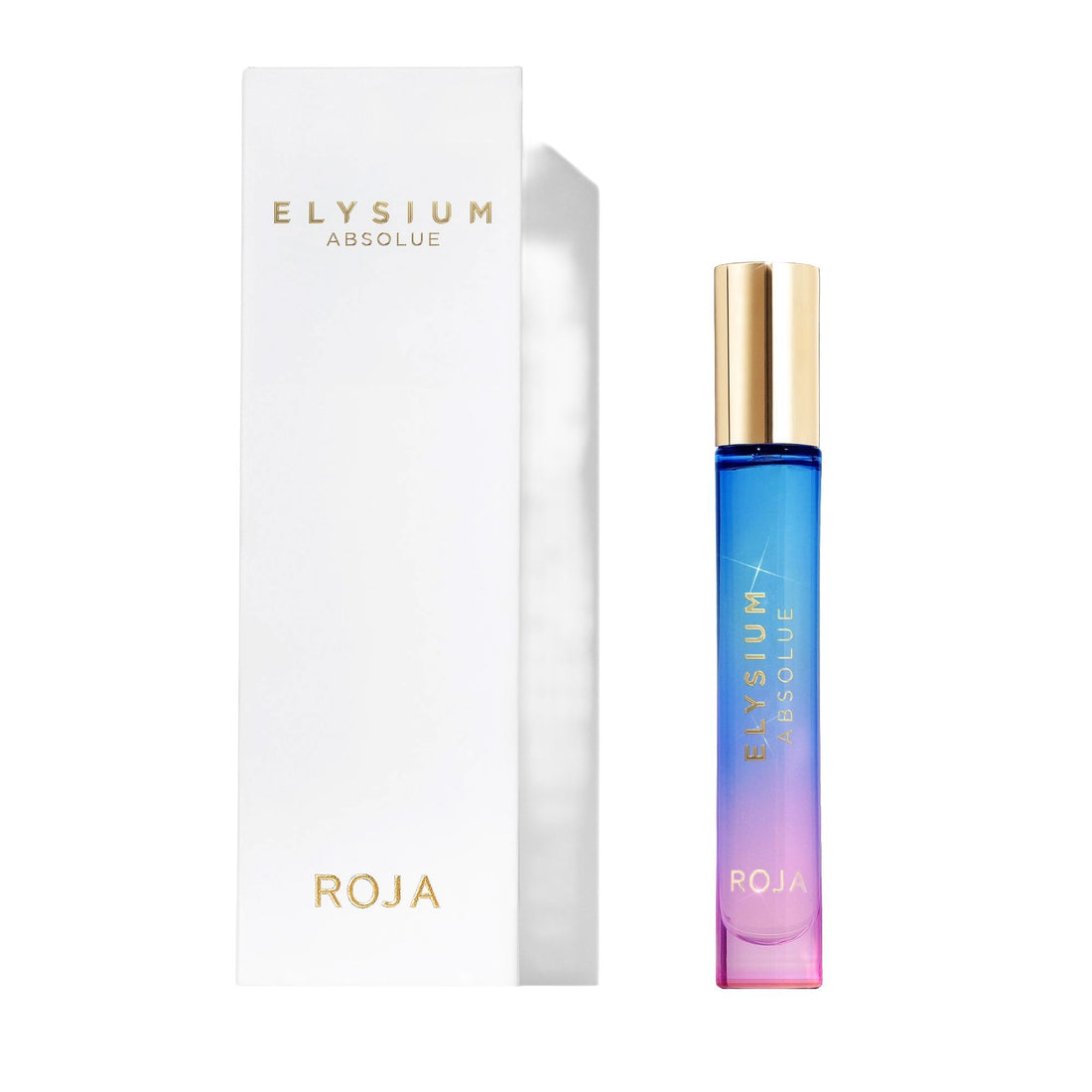 A tall, slim Roja Parfums Elysium Absolue 10ml perfume rollerball with a blue-to-pink gradient glass body and a gold cap, shown next to its matching white rectangular box.
