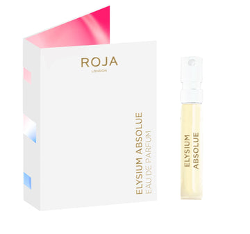 A white box labeled “Roja Parfums Elysium Absolue 2ml” with a pink, blue, and white gradient edge stands next to a small spray vial labeled “Elysium Absolue.”.