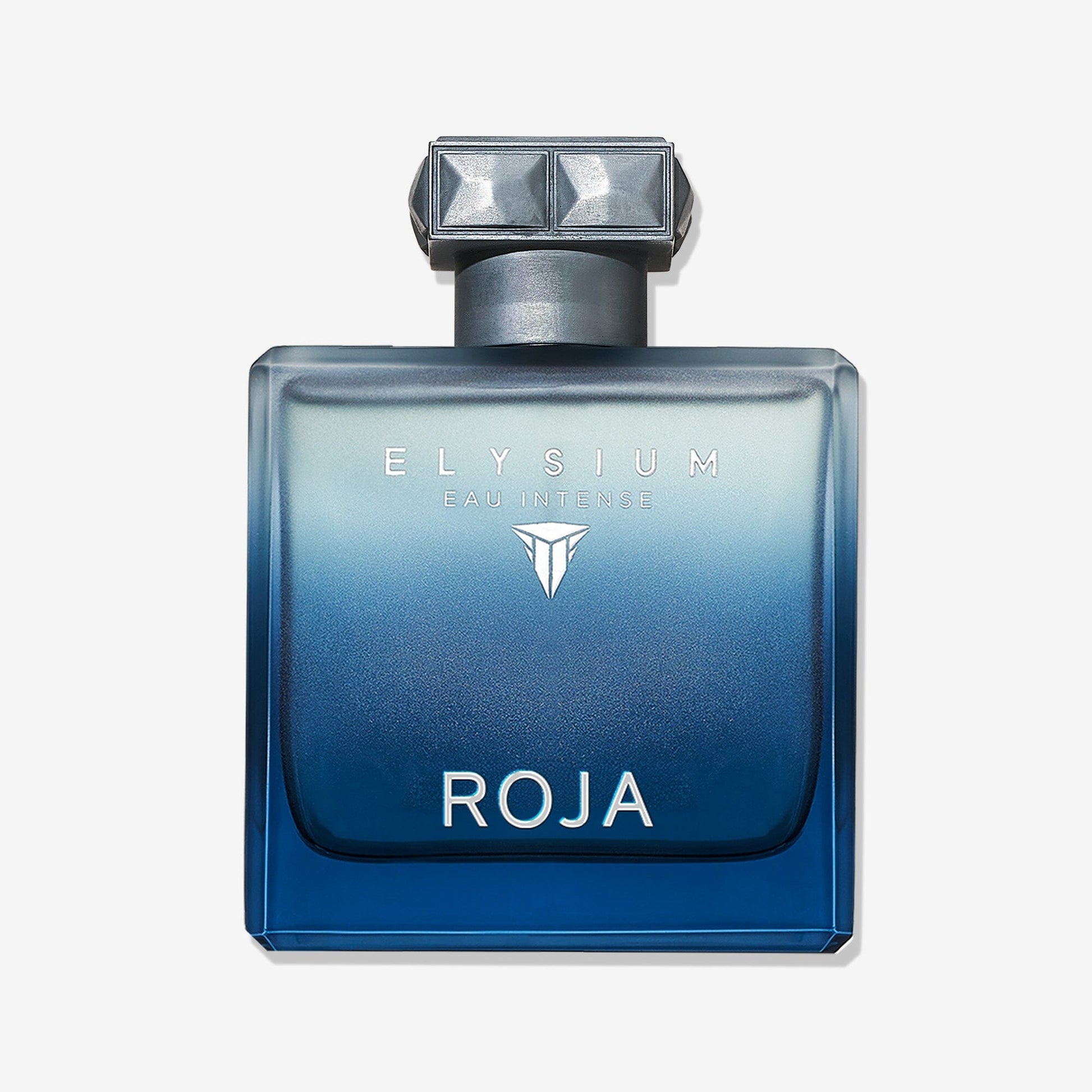 A blue gradient glass bottle of Roja Parfums Elysium Eau Intense perfume features a square jeweled cap, silver lettering, and a minimalist design, displayed against a white background.