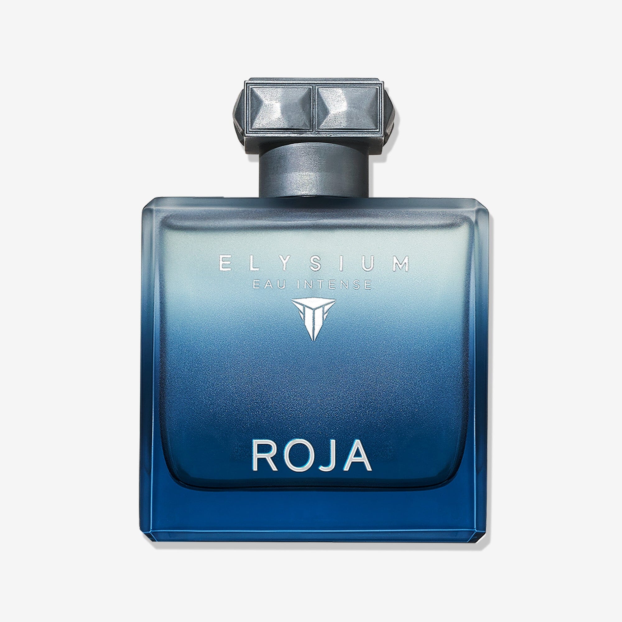 A blue gradient glass bottle of Roja Parfums Elysium Eau Intense perfume features a square jeweled cap, silver lettering, and a minimalist design, displayed against a white background.