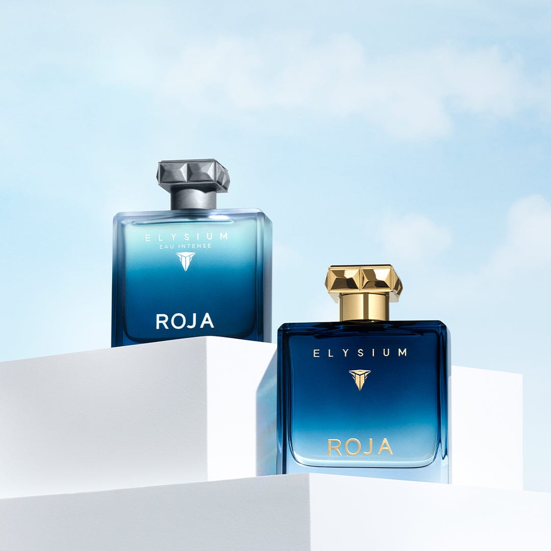 Two blue gradient perfume bottles labeled ROJA ELYSIUM are displayed on white platforms against a sky-blue background. One bottle has a silver cap, the other has a gold cap.