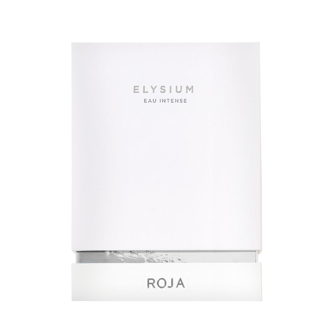 A white rectangular box with Elysium Eau Intense at the top center and Roja Parfums at the bottom, this minimalist packaging captures the refined elegance of this luxury fragrance.