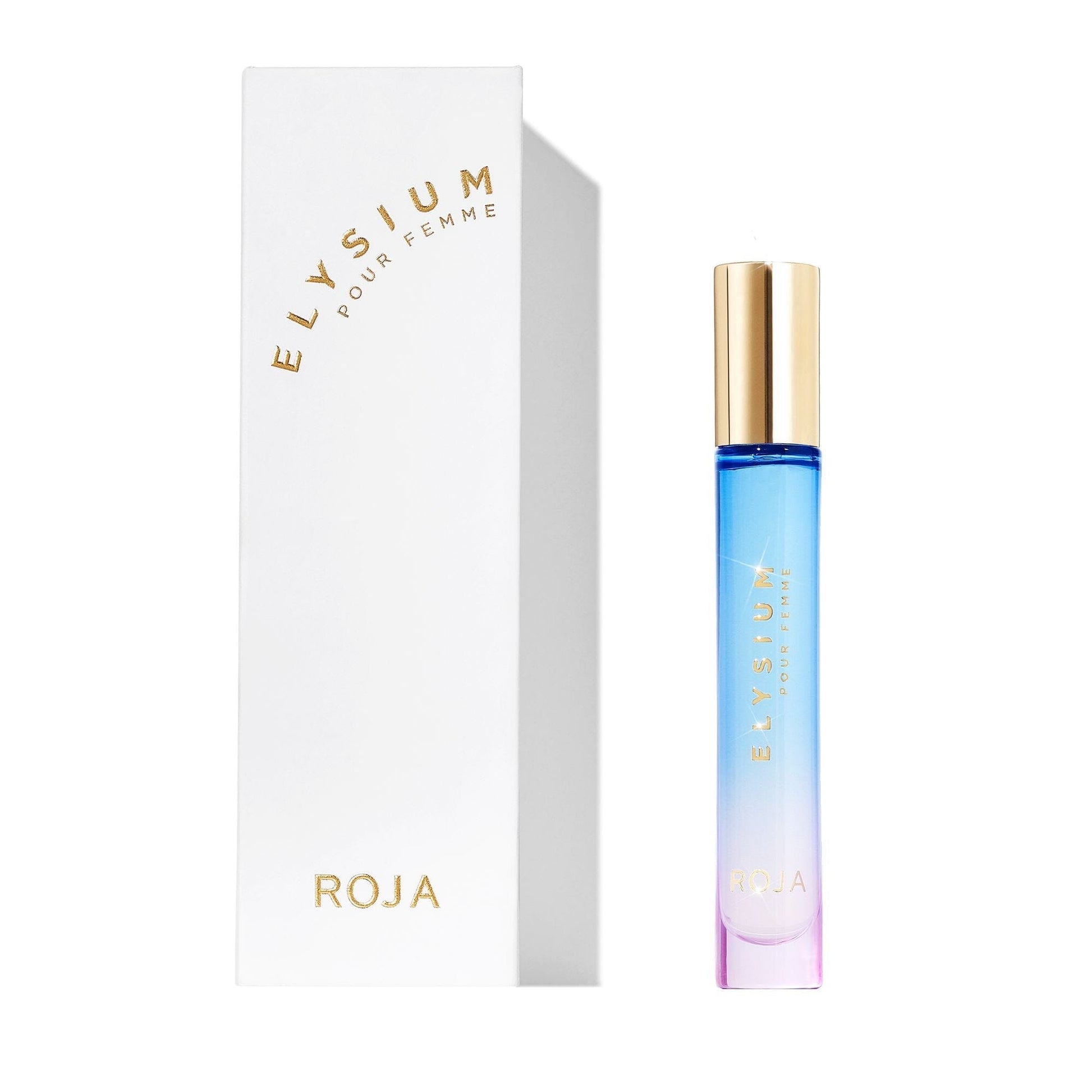 A blue-to-pink gradient bottle with a gold cap sits beside a white Elysium Pour Femme box with Roja Parfums in gold text—part of an exclusive 100% off BOGO Bundle from BOGOS.io. The box casts a soft shadow on the white surface.