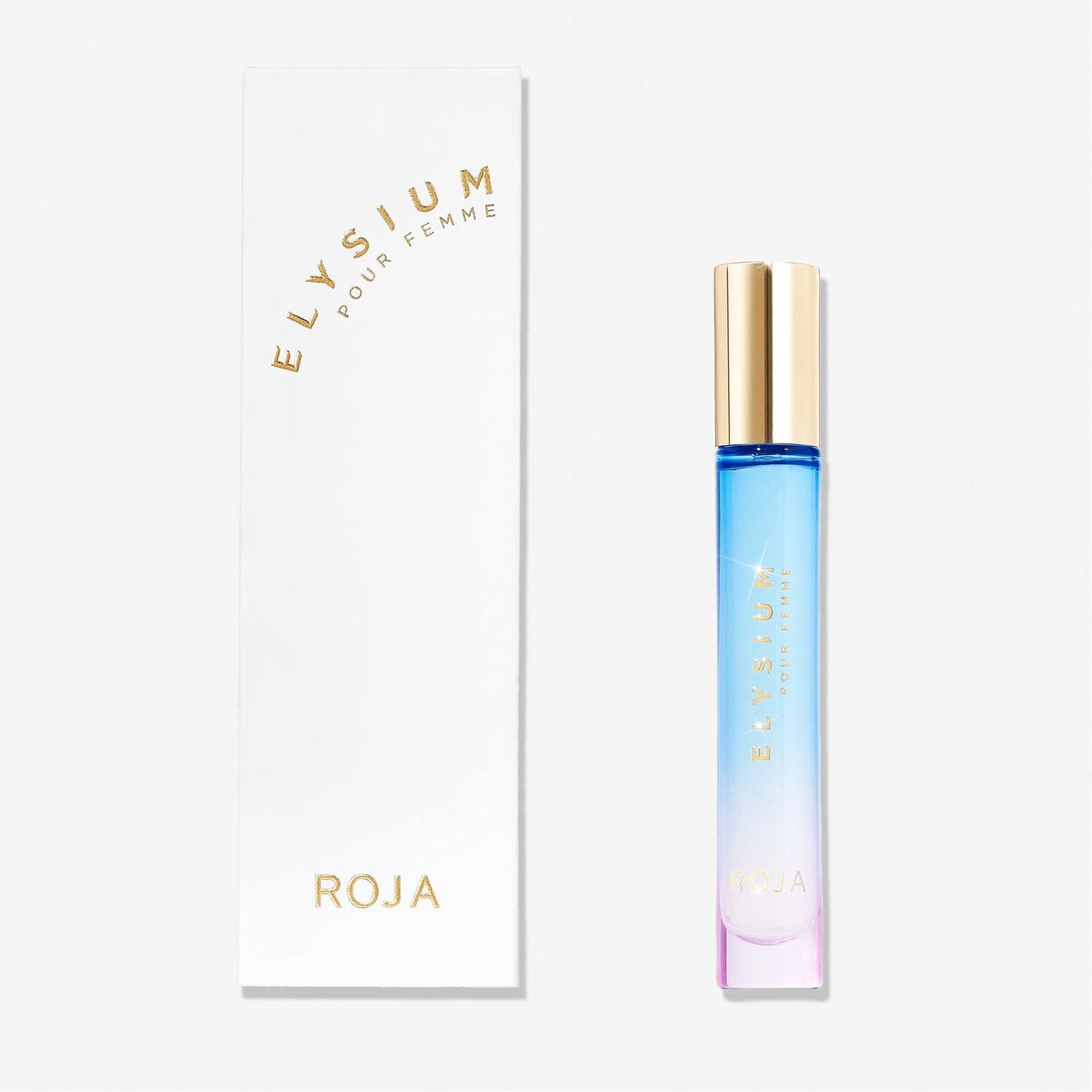 A rectangular white box labeled Elysium Pour Femme by Roja Parfums sits beside a slim perfume bottle with a gold cap, blue-to-pink gradient glass, and gold lettering—suggesting opulent fruity, floral, and musk scents on a white background.