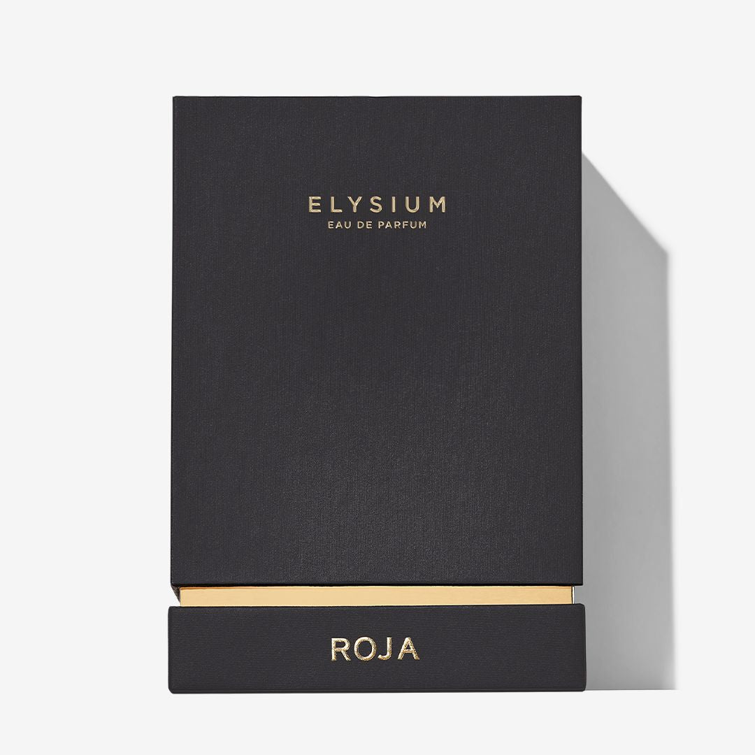 A sleek black rectangular box with gold text, reading ELYSIUM POUR HOMME and partially revealing ROJA PARFUMS, captures the allure of this luxury scent. The packaging casts a shadow to the right.