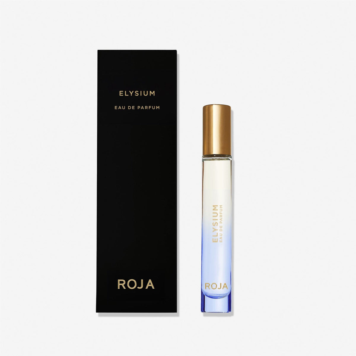 A rectangular black box labeled Elysium Pour Homme by Roja Parfums stands beside a sleek perfume bottle with a gold cap and blue-tinted base, embodying the refined luxury of this distinguished fragrance.