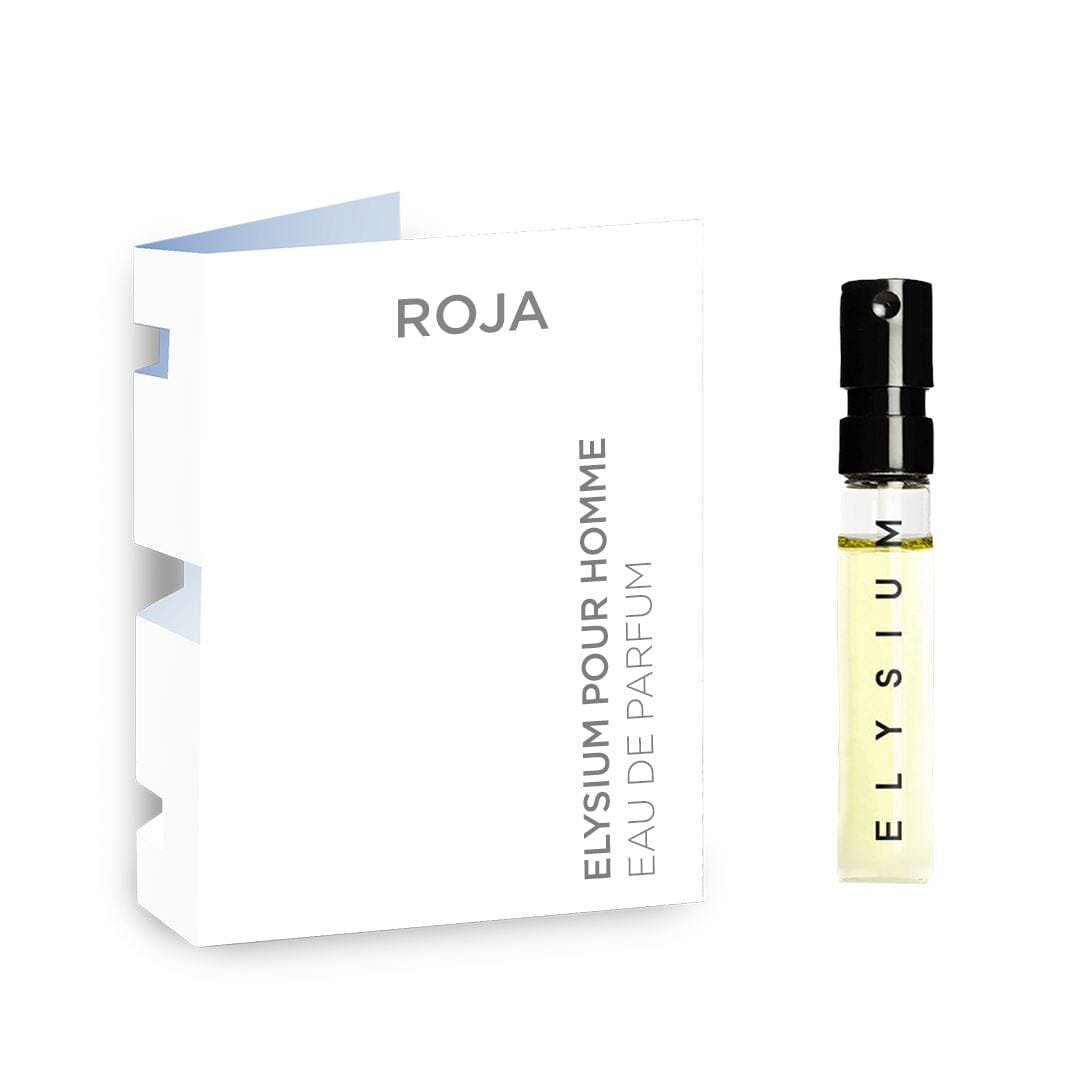 A small spray vial, labeled Elysium, contains a light yellow liquid and sits beside a white box. The box features the text Roja Parfums Holdings Ltd and Elysium Pour Homme Eau De Parfum 2ml Sample.