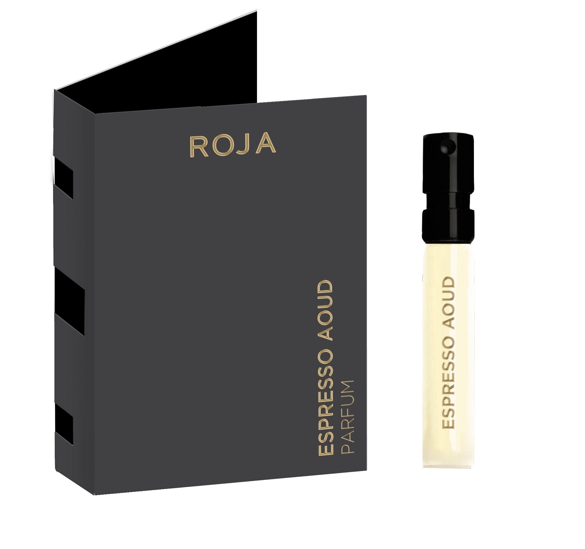 A small Espresso Aoud Sample (Gift) from Roja Parfums stands by a black card with gold text reading ROJA and ESPRESSO AOUD PARFUM, showcasing a minimalist, elegant design.