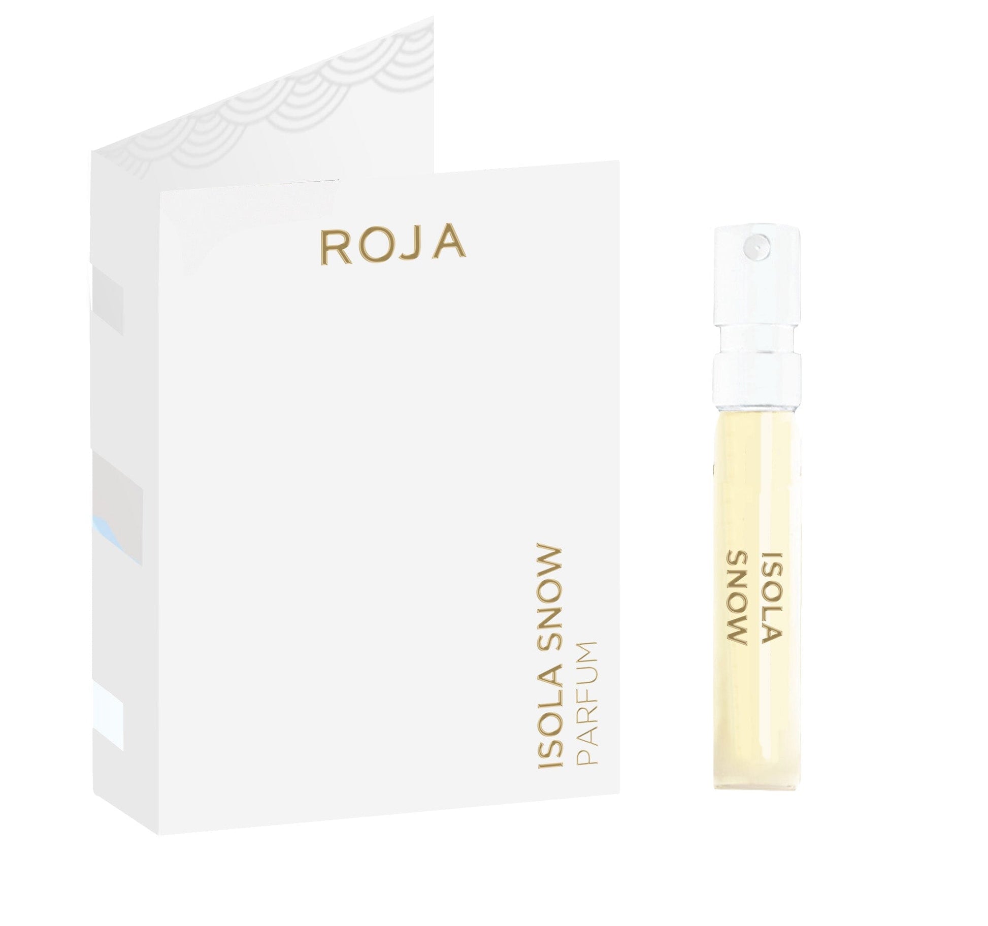 A sample vial labeled Isola Snow Sample (Gift) by Roja Parfums stands next to a white card with gold text reading ROJA and ISOLA SNOW PARFUM, featuring a minimalist design with silver and gold accents.