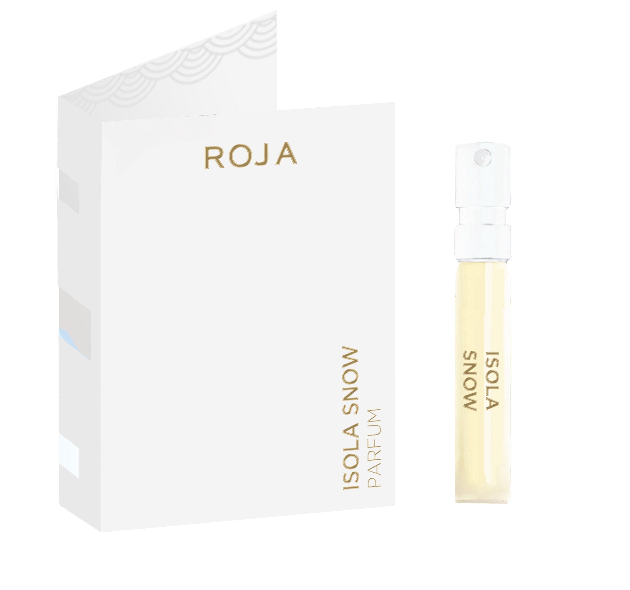 A sample vial labeled Isola Snow Sample (Gift) by Roja Parfums stands next to a white card with gold text reading ROJA and ISOLA SNOW PARFUM, featuring a minimalist design with silver and gold accents.