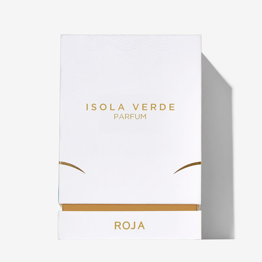 A white luxury fragrance box with gold Isola Verde Parfums on the front and Roja Parfums on the lower pull-out drawer, set against a plain light background.