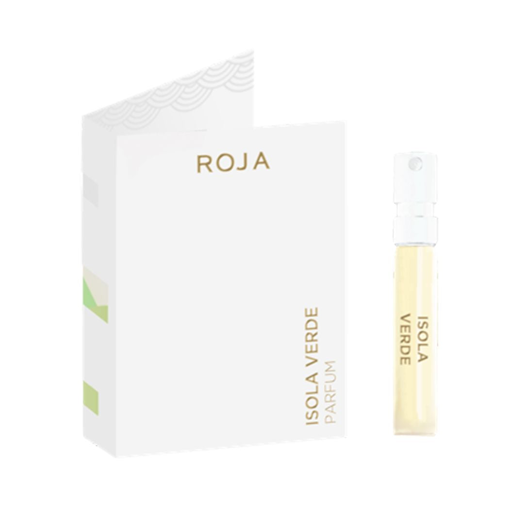 A vial of Roja Parfums Isola Verde Sample (Gift) sits beside its white and gold box, holding pale yellow perfume with the packaging partially open.