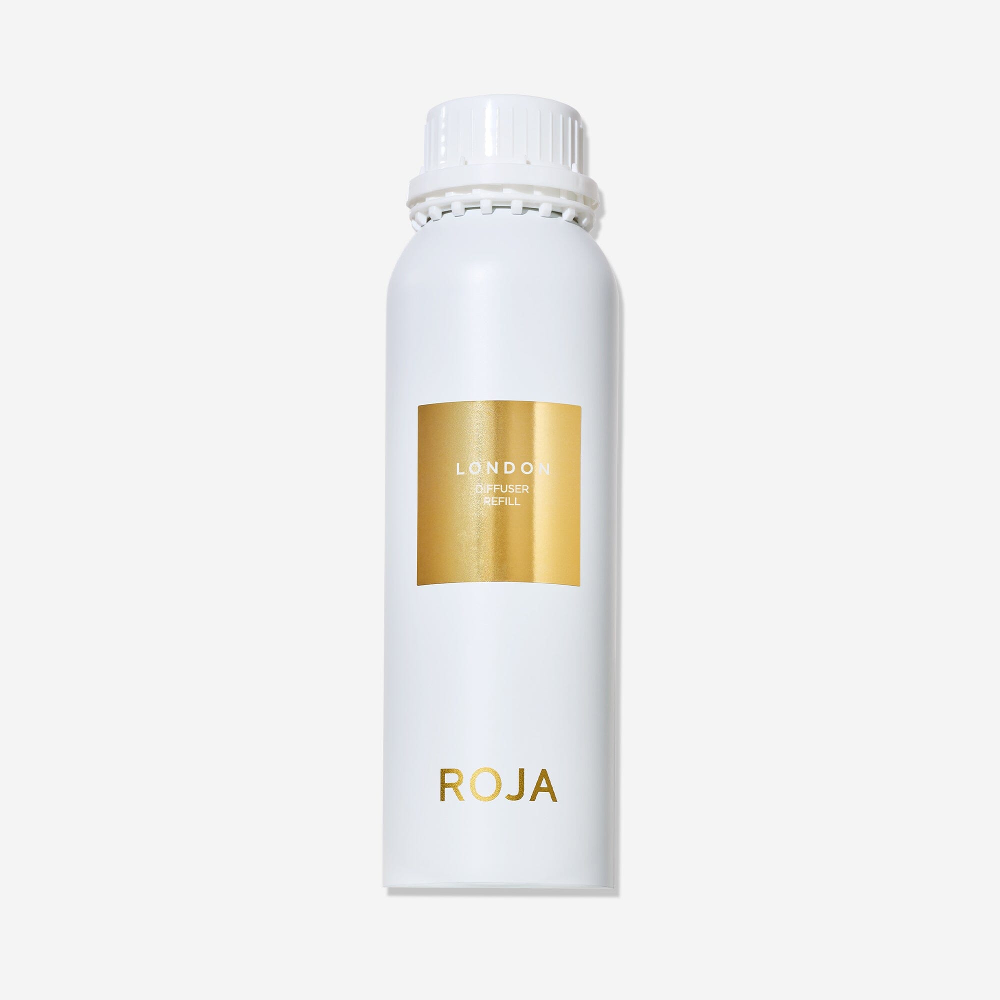 A white cylindrical bottle labeled “London” by Roja Parfums features a gold square on the front and the brand name at the bottom, reflecting London elegance, set against a plain white background.