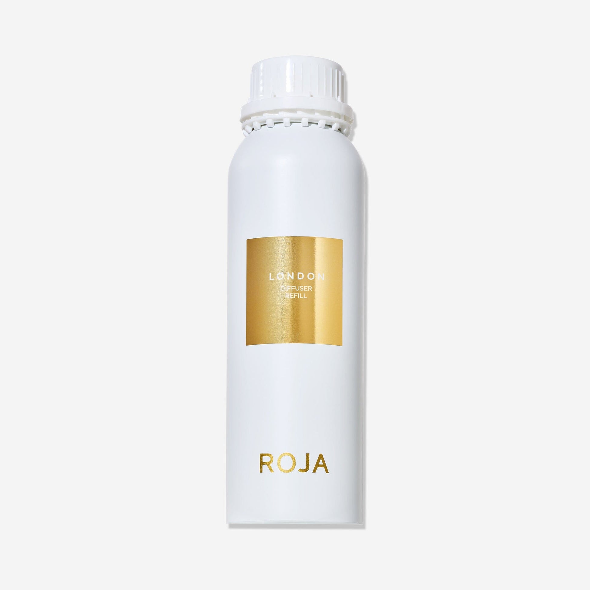 A white cylindrical bottle labeled “London” by Roja Parfums features a gold square on the front and the brand name at the bottom, reflecting London elegance, set against a plain white background.