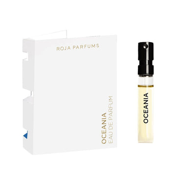 A small Oceania Sample (Gift) spray vial from Roja Parfums is displayed beside a white card reading "Roja Parfums" and "Oceania Eau de Parfum" in gold and black—a perfect free gift for any fragrance lover.
