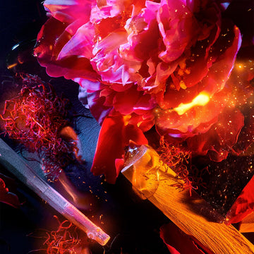 Vivid close-up of a pink peony flower surrounded by scattered saffron threads, a glass vial, and glowing sparks, all set against a dark background.