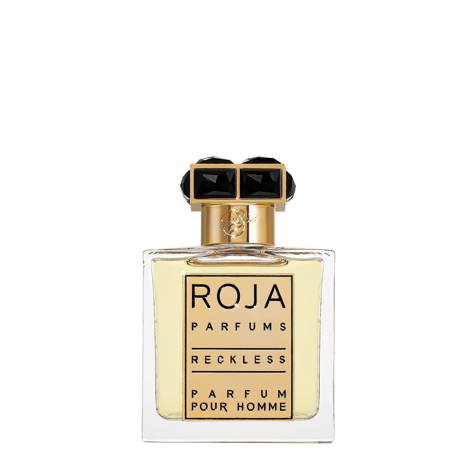 A clear glass bottle of Roja Parfums Reckless Pour Homme features gold accents and a black gem-like cap, with a label displaying the brand and scent name—perfect for fans of bold, masculine Chypré fragrances.