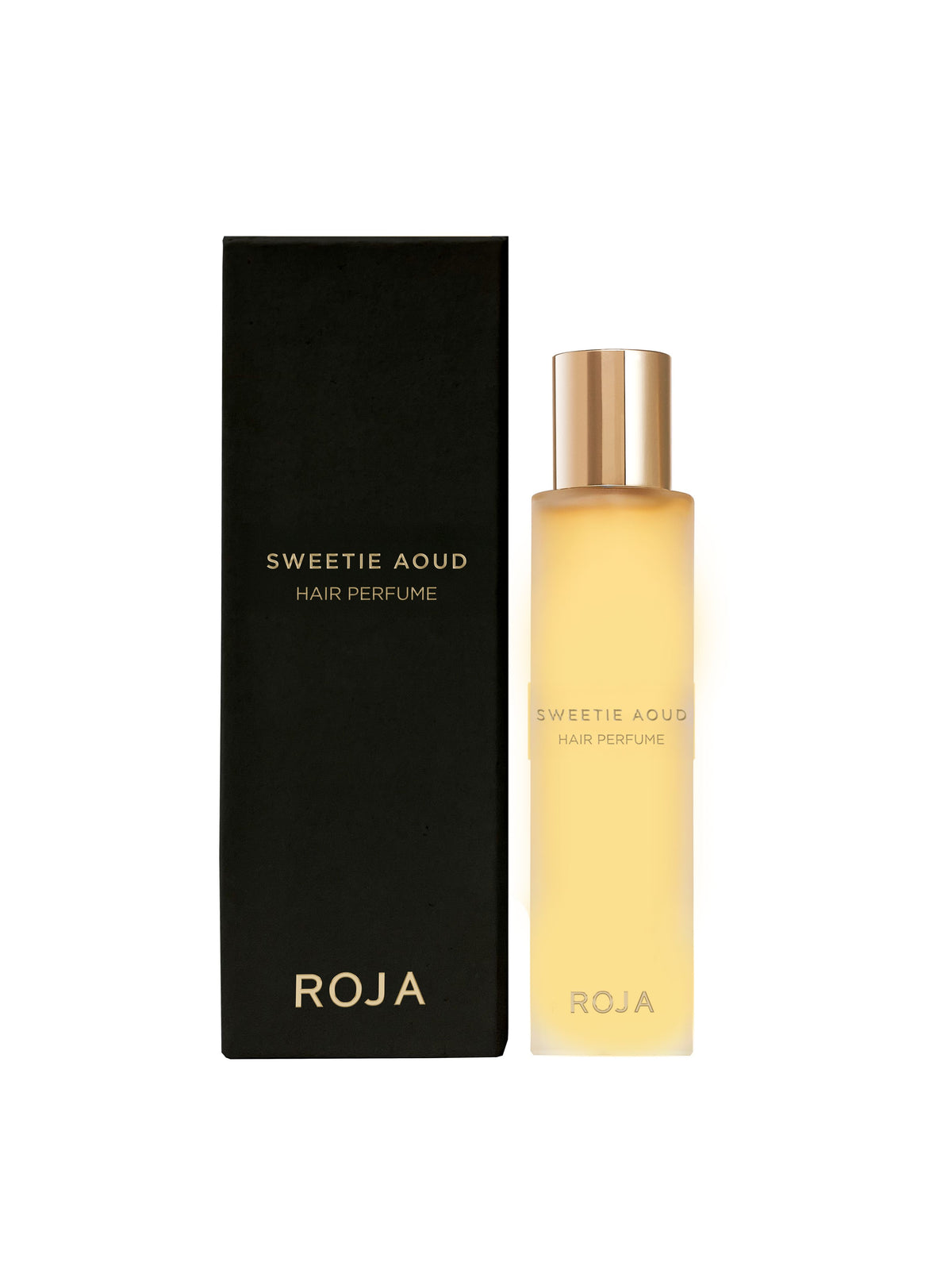 A tall black box and a slender glass bottle of Sweetie Aoud hair perfume by Roja Parfums, both labeled with the product name and brand.