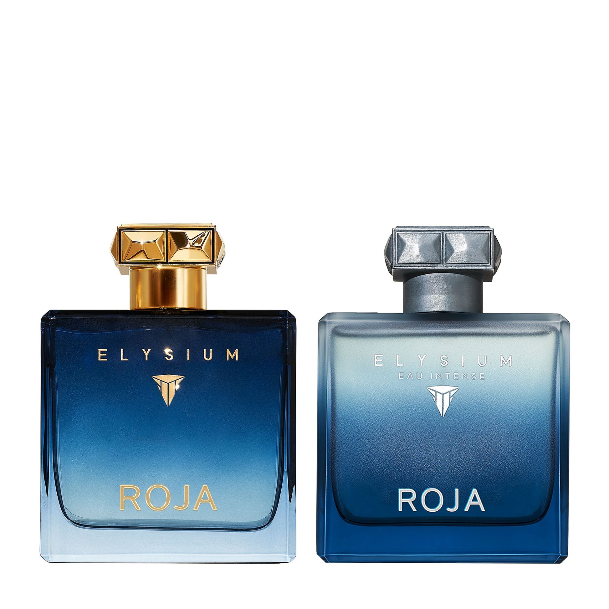 The Elysium Gift Set by Roja Parfums features two blue gradient bottles with geometric faceted caps—one with gold details, the other with silver—ideal for fragrance layering or gifting.