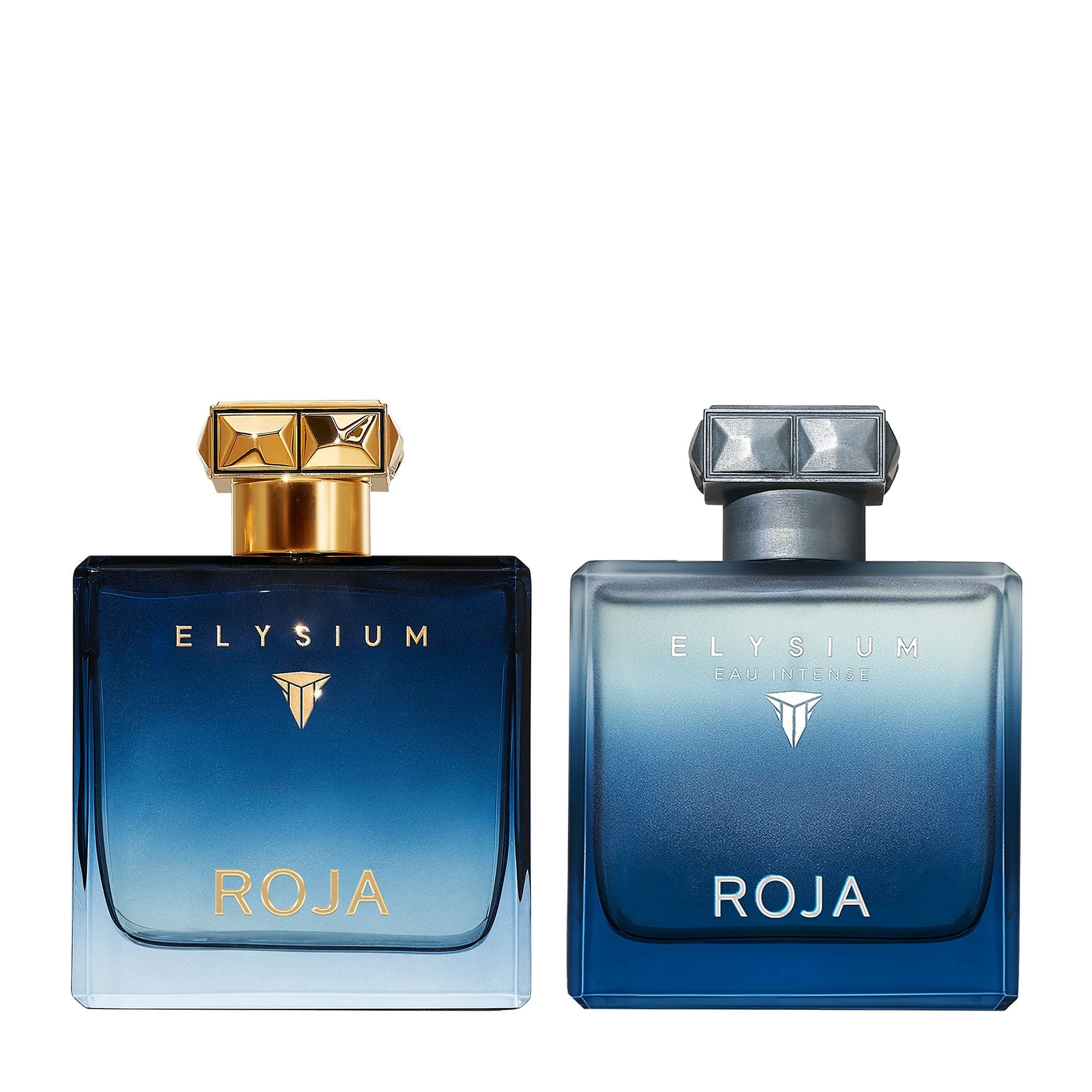 The Elysium Gift Set by Roja Parfums features two blue gradient bottles with geometric faceted caps—one with gold details, the other with silver—ideal for fragrance layering or gifting.