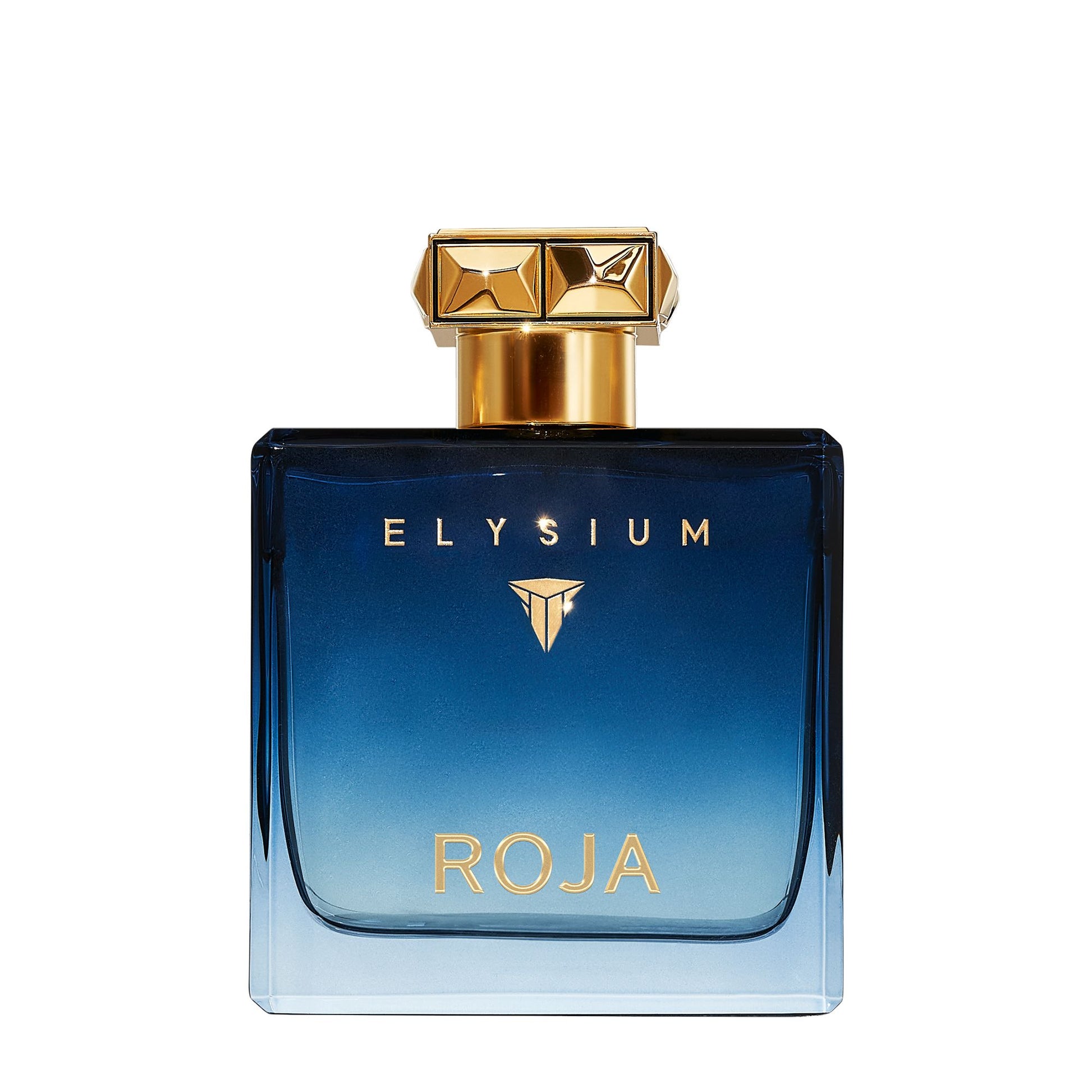 The Elysium Gift Set by Roja Parfums features a blue gradient square glass bottle with a gold cap and gold lettering—ideal for fragrance layering.