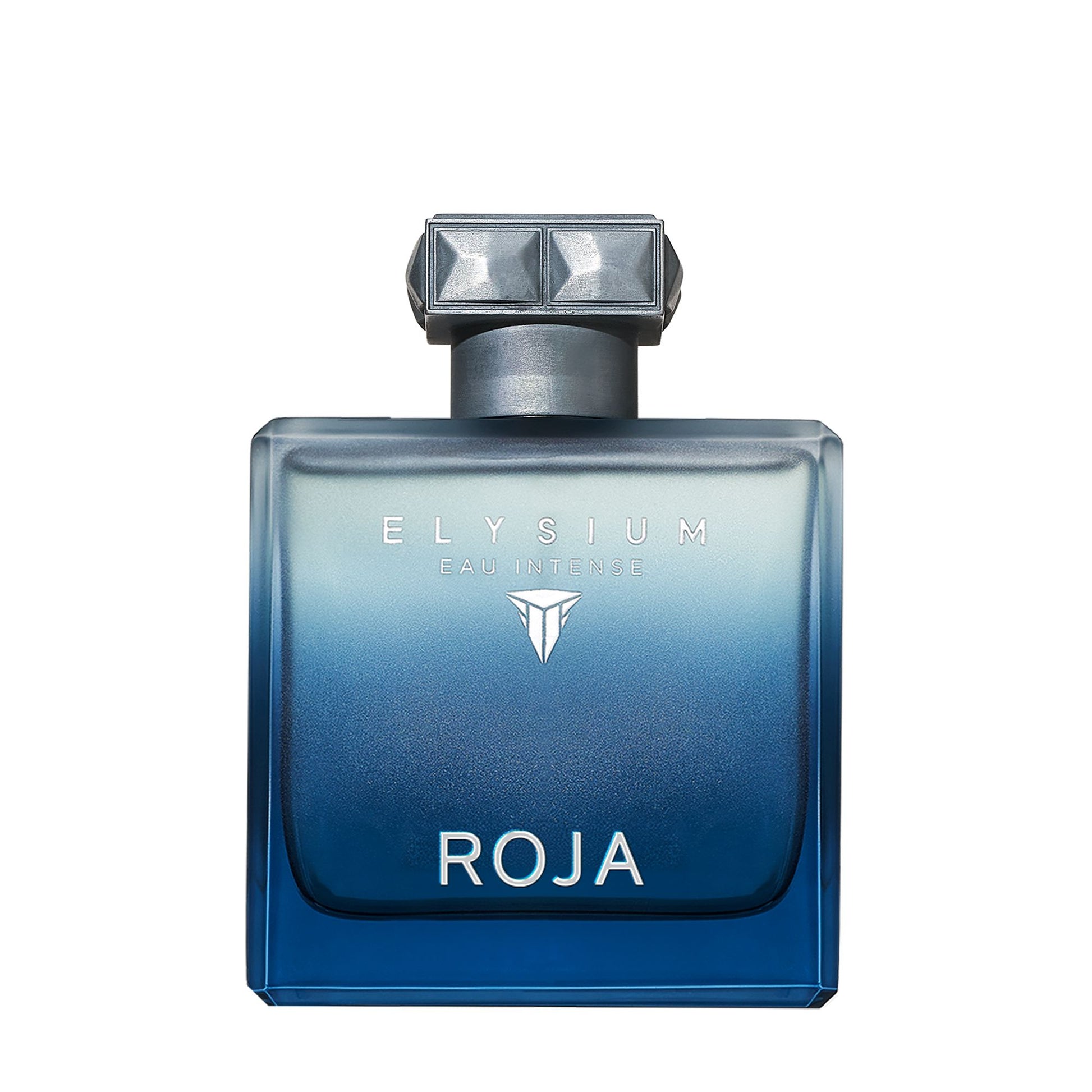 A blue gradient glass bottle from the Roja Parfums Elysium Gift Set features a silver cap and bold white text, photographed against a white background—the ideal upgrade for your Fragrance Wardrobe.