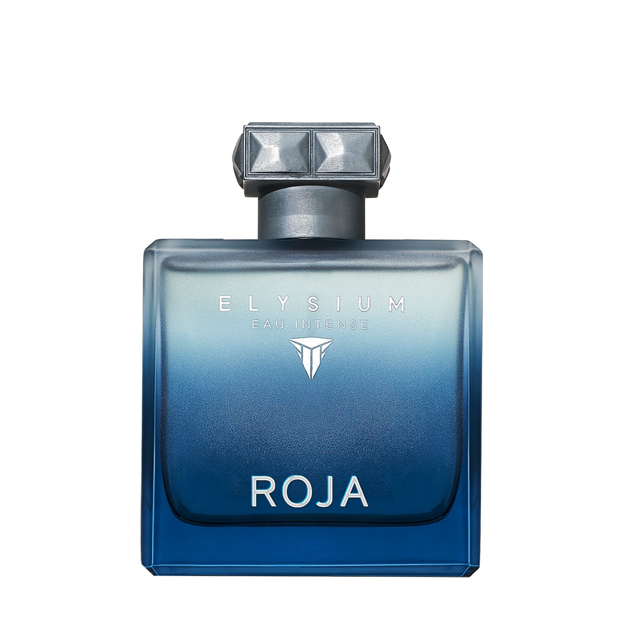 A blue gradient glass bottle from the Roja Parfums Elysium Gift Set features a silver cap and bold white text, photographed against a white background—the ideal upgrade for your Fragrance Wardrobe.