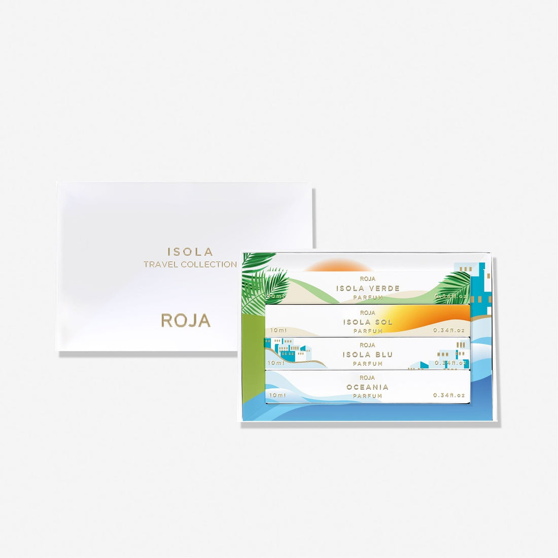 A postcard and envelope set from the luxurious Isola Travel Collection by Roja Parfums, featuring tropical leaves, colorful waves, and charts listing premium scents: Isola Verde, Isola Sol, Isola Blu, and Oceania.
