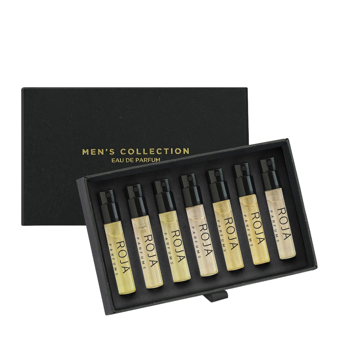 A sleek black box labeled The Men’s Discovery Collection by Roja Parfums holds seven small spray vials of luxurious masculine fragrances, arranged in a single row—an ideal way to explore the range of scents in this discovery library.