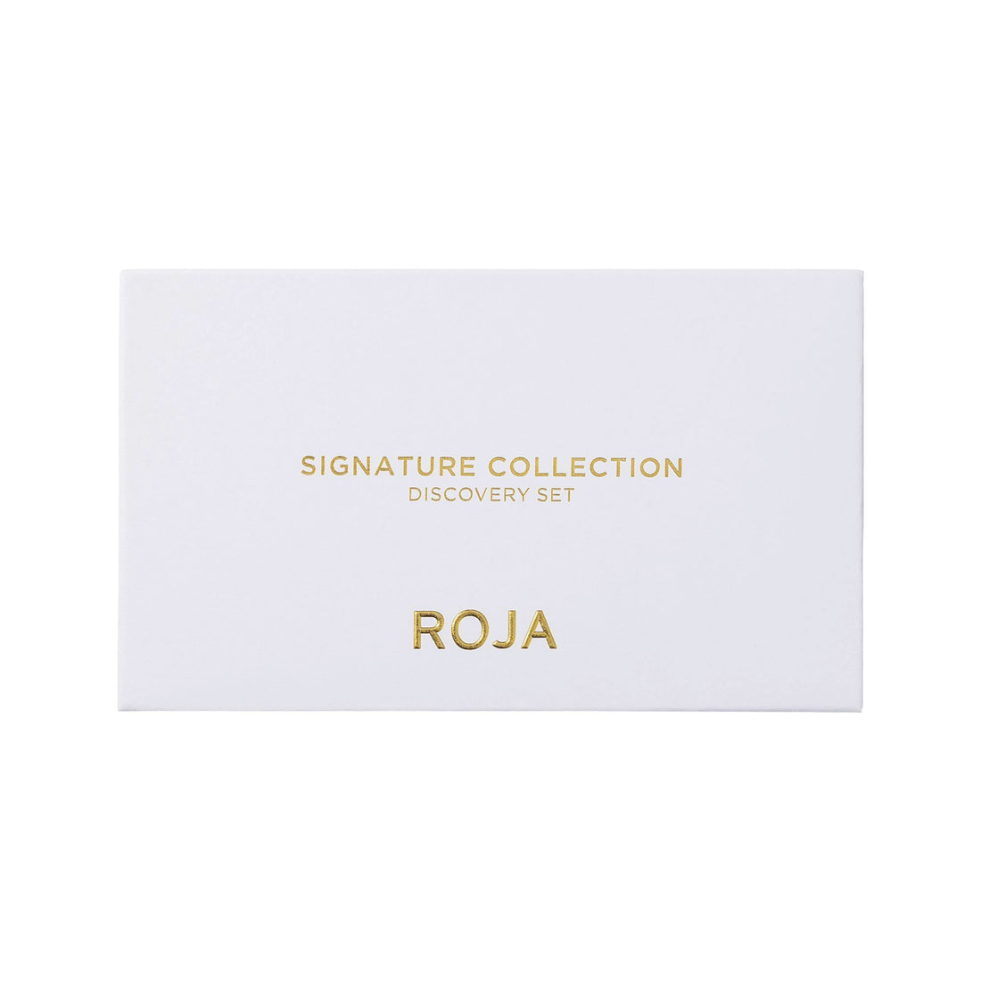 White rectangular The Signatures Discovery Collection box by Roja Parfums, featuring Roja embossed in gold text on the front.