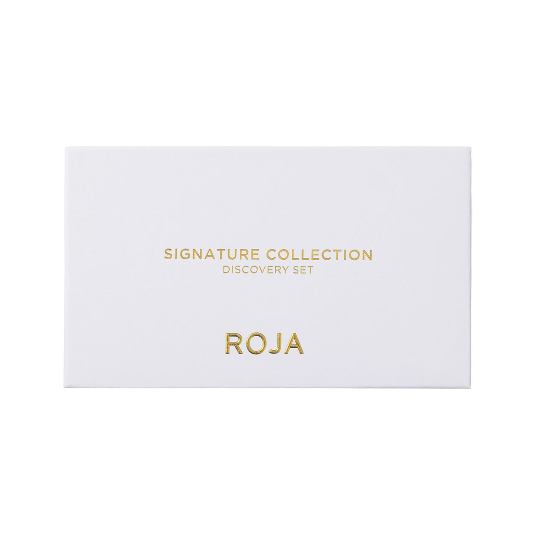Encased in a white rectangular box adorned with gold text reading “The Signatures Discovery Collection” and “Roja Parfums,” this luxurious perfume sample set from Roja Parfums invites you to experience olfactory artistry at its finest.