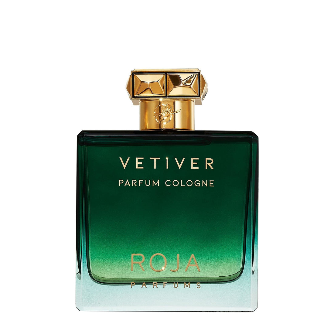 A green glass bottle of Roja Parfums Vetiver Pour Homme, adorned with elegant gold accents, embodies refined masculine fragrance against a crisp white backdrop.